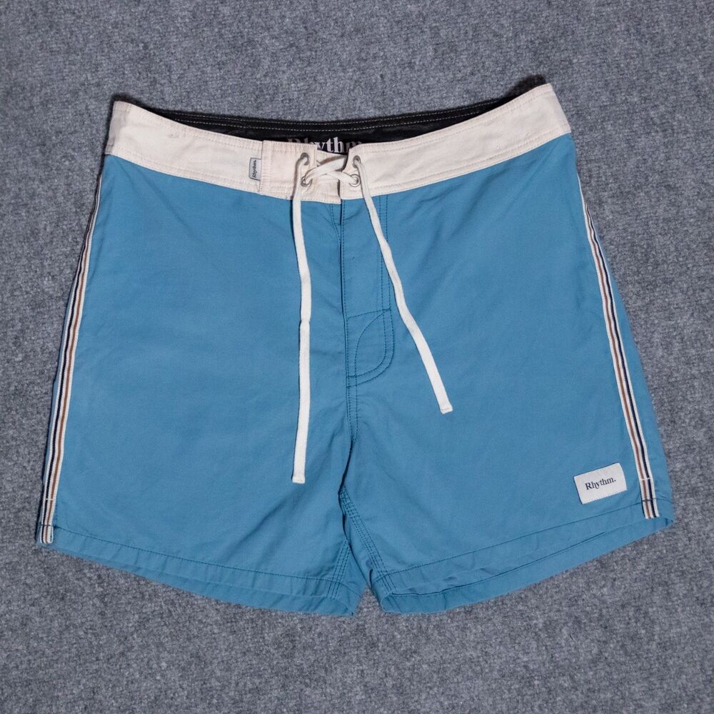 Rhythm Heritage Board Shorts Men’s 30 x 4.5” Inseam Blue Side Stripe Surf Swim